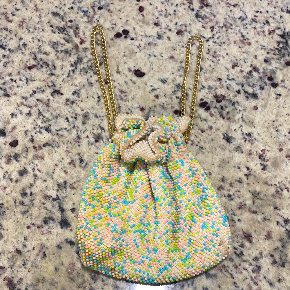 Vintage Pastel Beaded Multicolor Evening Bag with Gold Chain